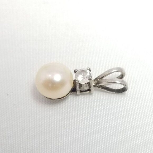 Vintage Avon Sterling Silver Faux Pearl Pendant, Rhinestone, Small, Signed - Picture 3 of 9